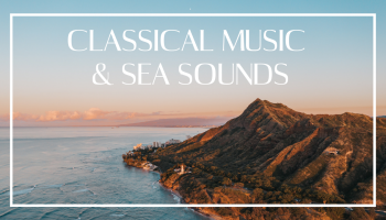 piękny zachód słońca nad wybrzeżem, muzyka klasyczna i dźwięki morza