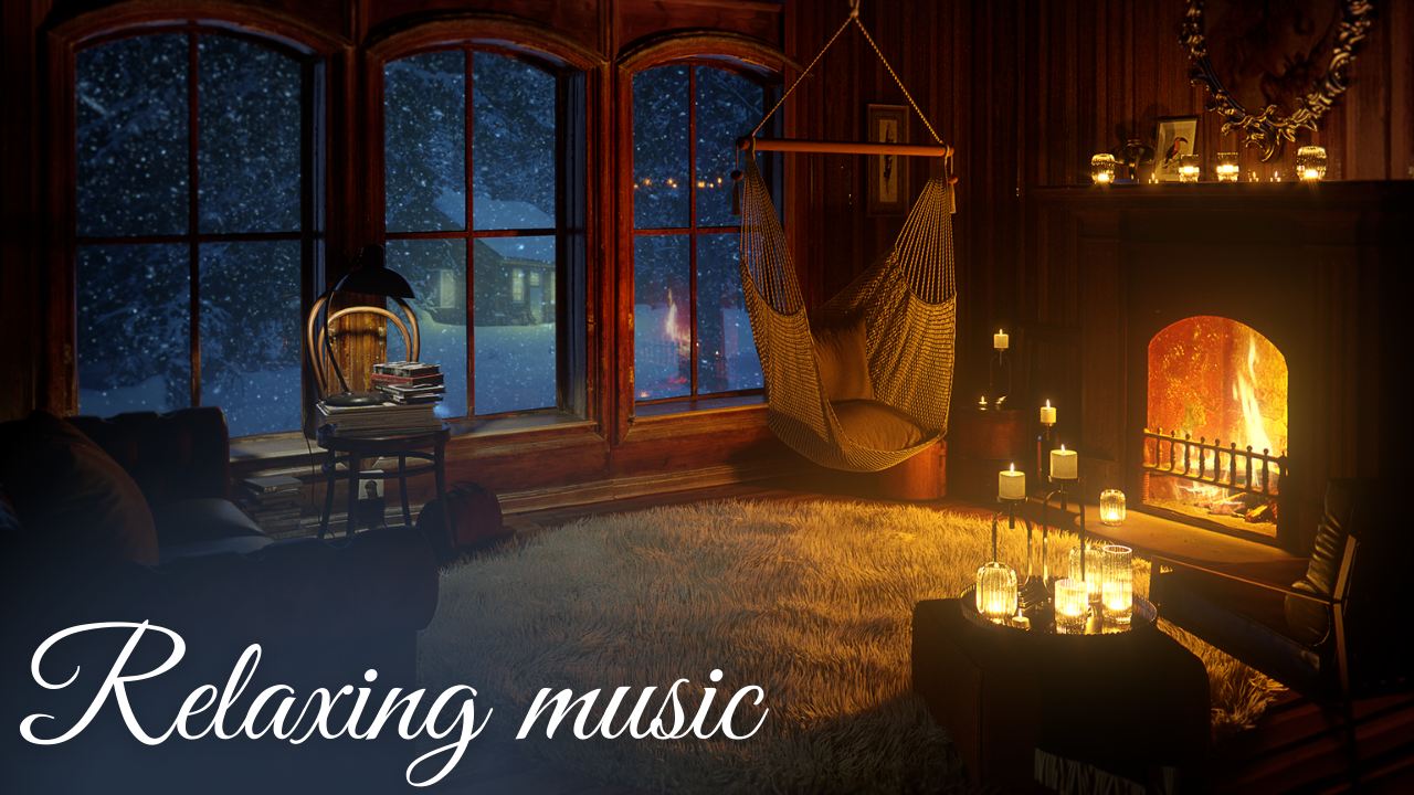 cozy room with fireplace and blizzard outside