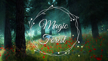 zielony las, łąka maków, biały napis magic forest