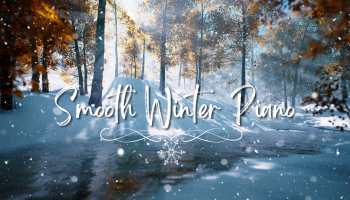 napis smooth winter piano, zamrożona rzeka, ośnieżona ziemia i drzewa z jesiennymi liśćmi