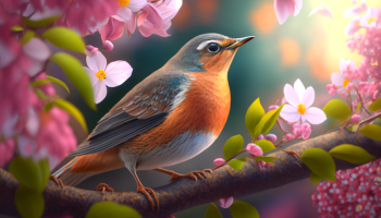 Ptak siedzący na gałęzi kwitnącego drzewa