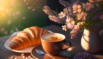 Obrazek przedstawiający kawę i rogalik o poranku