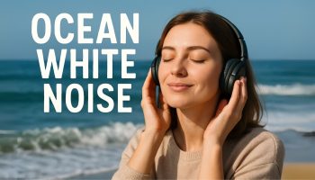 A relaxed woman wearing headphones listens to white noise
