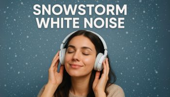 A woman wearing headphones listens to white noise against the backdrop of a snowstorm