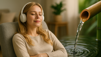relaxing woman in headphones and bamboo water